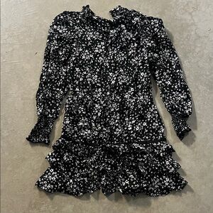 Floral Black and White Ruffle Turtleneck Dress